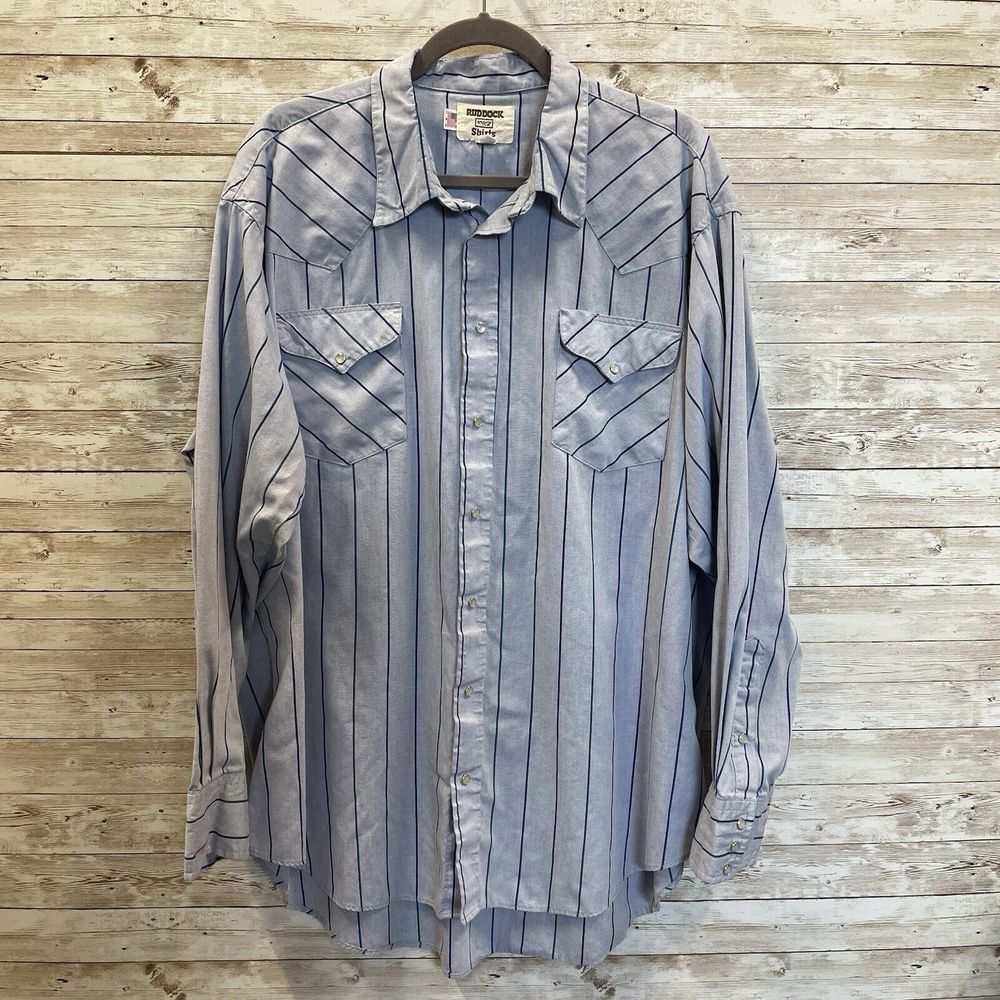 Vintage Ruddock Mens‎ 18 1/2 - 36" Shirt Western Long Sleeve Blue Pearl Snap USA